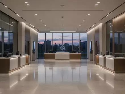 Innenansicht einer modernen, leeren Bankfiliale mit minimalistischer Architektur und sanfter Beleuchtung. - Foto: über boerse-global.de