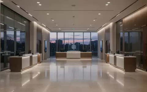 Innenansicht einer modernen, leeren Bankfiliale mit minimalistischer Architektur und sanfter Beleuchtung. - Foto: über boerse-global.de
