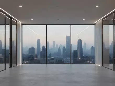 Ein minimalistisch gestalteter, moderner Büroinnenraum mit großen Glasfronten und indirekter Beleuchtung bei Dämmerung. - Foto: über boerse-global.de