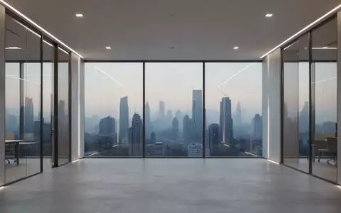 Ein minimalistisch gestalteter, moderner Büroinnenraum mit großen Glasfronten und indirekter Beleuchtung bei Dämmerung. - Foto: über boerse-global.de