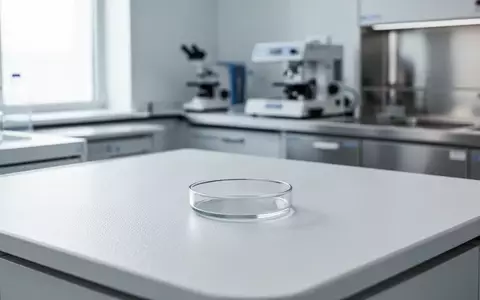 Ein sauberer, heller Laborarbeitsplatz mit einer leeren Glasschale auf einer weißen Oberfläche, im Hintergrund unscharfe Medizintechnik. - Foto: über boerse-global.de