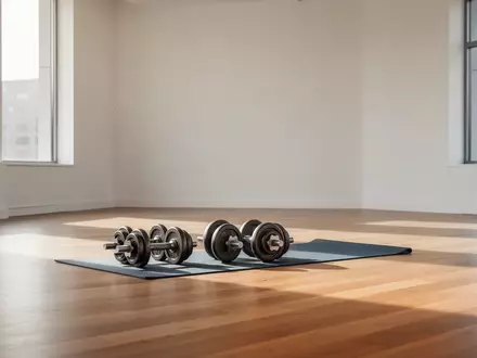 Ein minimalistisch eingerichteter, lichtdurchfluteter Trainingsraum mit Hanteln und einer Yogamatte auf dem Boden. - Foto: über boerse-global.de