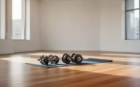 Ein minimalistisch eingerichteter, lichtdurchfluteter Trainingsraum mit Hanteln und einer Yogamatte auf dem Boden. - Foto: über boerse-global.de