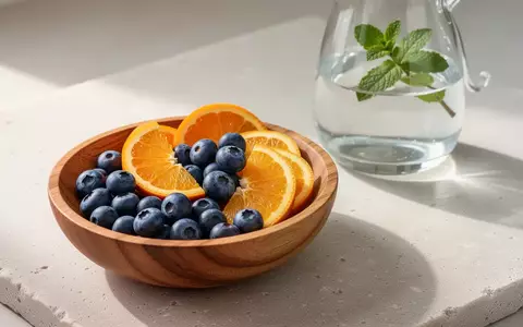 Eine Schale mit frischen Heidelbeeren und Orangen neben einer Wasserkaraffe auf einer hellen Steinfläche. - Foto: über boerse-global.de
