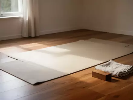 Eine minimalistische Yoga-Matte auf einem Holzboden in einem hellen, ruhigen Raum mit sanftem Tageslicht. - Foto: über boerse-global.de