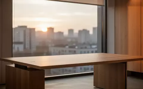 Ein minimalistischer, leerer Büroarbeitsplatz mit einem Holztisch und einem Fenster mit Blick auf eine Stadt bei Sonnenuntergang. - Foto: über boerse-global.de