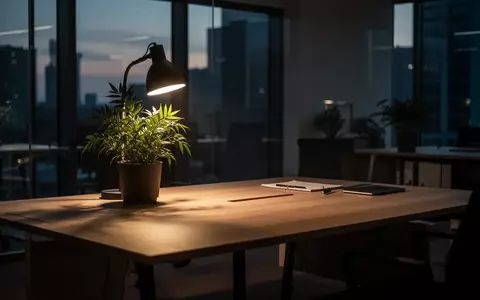 Ein ruhiger, leerer moderner Arbeitsplatz bei Dämmerung mit einer Schreibtischleuchte und einer Pflanze. - Foto: über boerse-global.de