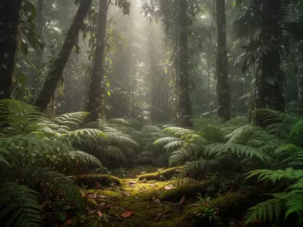 Dichter, sonnendurchfluteter tropischer Regenwald mit üppiger Vegetation und Farnen in einem Nationalpark auf Sumatra. - Foto: über boerse-global.de