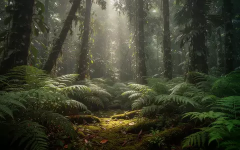 Dichter, sonnendurchfluteter tropischer Regenwald mit üppiger Vegetation und Farnen in einem Nationalpark auf Sumatra. - Foto: über boerse-global.de