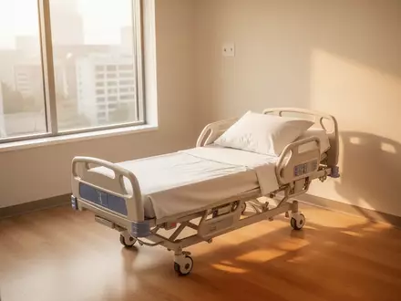 Ein helles, modernes Krankenzimmer mit einem unbenutzten, ordentlich gemachten Bett in einem minimalistischen, lichtdurchfluteten Raum. - Foto: über boerse-global.de