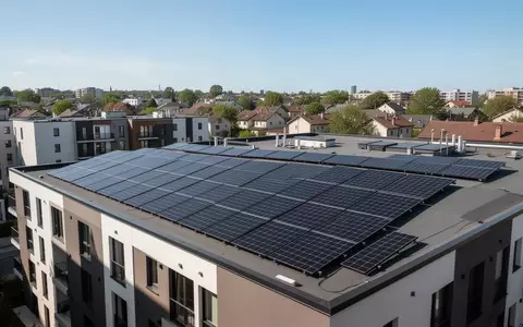 Solarmodule auf dem Dach eines Wohngebäudes in einem Wohnviertel bei strahlendem Sonnenschein. - Foto: über boerse-global.de