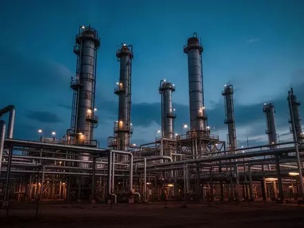 Industrielle Ölraffinerie bei Dämmerung mit komplexen Rohrleitungssystemen und Destillationstürmen. - Foto: über boerse-global.de