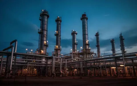 Industrielle Ölraffinerie bei Dämmerung mit komplexen Rohrleitungssystemen und Destillationstürmen. - Foto: über boerse-global.de