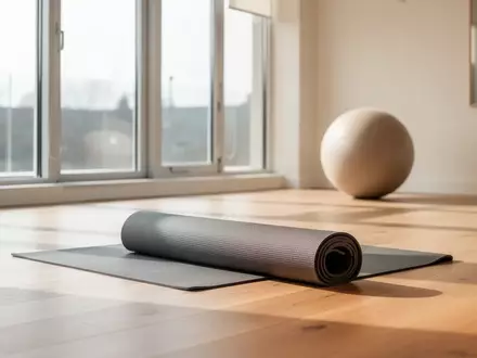 Heller, minimalistischer Physiotherapieraum mit einer Yogamatte und einem Gymnastikball auf einem Holzboden. - Foto: über boerse-global.de