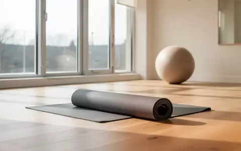 Heller, minimalistischer Physiotherapieraum mit einer Yogamatte und einem Gymnastikball auf einem Holzboden. - Foto: über boerse-global.de