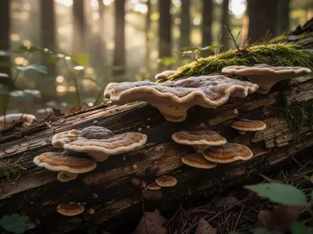 Nahaufnahme von Ganoderma applanatum Pilzen an einem bemoosten Baumstamm in einem Wald. - Foto: über boerse-global.de