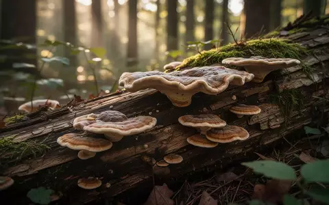 Nahaufnahme von Ganoderma applanatum Pilzen an einem bemoosten Baumstamm in einem Wald. - Foto: über boerse-global.de