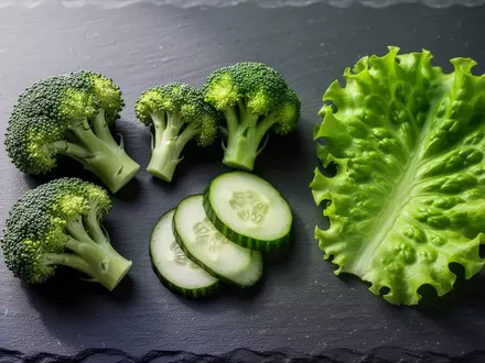 Frisches, rohes Gemüse wie Brokkoli und Gurken auf einer dunklen Schieferplatte bei natürlichem Licht. - Foto: über boerse-global.de