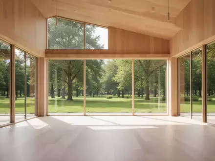Heller, minimalistischer Bewegungsraum mit Holzboden und großen Fenstern mit Blick auf einen grünen Park. - Foto: über boerse-global.de