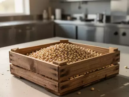 Nahaufnahme von geernteten Sojabohnen in einer Holzkiste in einer hellen, minimalistischen Produktionsumgebung. - Foto: über boerse-global.de