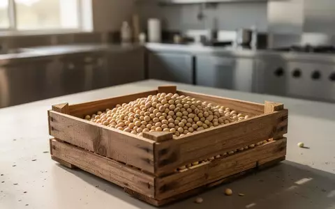 Nahaufnahme von geernteten Sojabohnen in einer Holzkiste in einer hellen, minimalistischen Produktionsumgebung. - Foto: über boerse-global.de