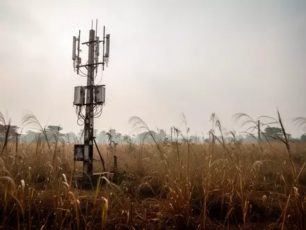 Ein verwitterter Telekommunikationsmast in einer ländlichen Landschaft in Westbengalen bei trübem Tageslicht. - Foto: über boerse-global.de