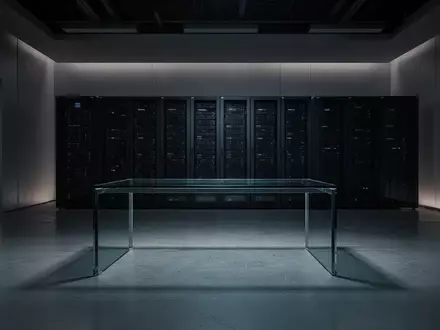 Ein minimalistisches, dunkles Büro mit leeren Schreibtischen und Server-Racks im Hintergrund. - Foto: über boerse-global.de