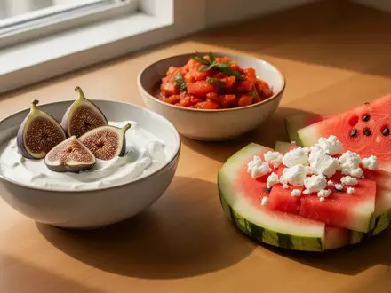 Frische, nährstoffreiche Lebensmittel wie Joghurt mit Feigen, Wassermelone mit Feta und Tomatengerichte auf einem Holztisch. - Foto: über boerse-global.de