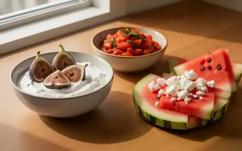 Frische, nährstoffreiche Lebensmittel wie Joghurt mit Feigen, Wassermelone mit Feta und Tomatengerichte auf einem Holztisch. - Foto: über boerse-global.de