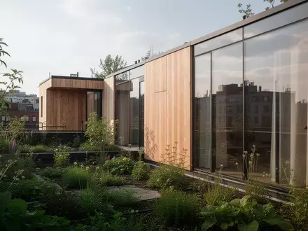 Minimalistische Holzarchitektur mit integrierter Begrünung auf einem urbanen Flachdach bei Tageslicht. - Foto: über boerse-global.de