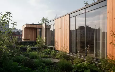 Minimalistische Holzarchitektur mit integrierter Begrünung auf einem urbanen Flachdach bei Tageslicht. - Foto: über boerse-global.de