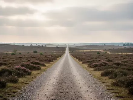 Eine weite, ländliche Heidelandschaft in Norddeutschland mit einem geraden, unbefestigten Weg, der zum Horizont führt. - Foto: über boerse-global.de