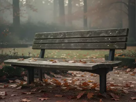 Ein einsamer Parkbank in einem herbstlichen Garten mit gefallenen Blättern bei weichem Morgenlicht. - Foto: über boerse-global.de
