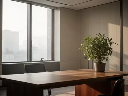 Ein ruhiger, minimalistischer Büroraum mit weichem Tageslicht und einer einzelnen Pflanze auf einem leeren Holztisch. - Foto: über boerse-global.de