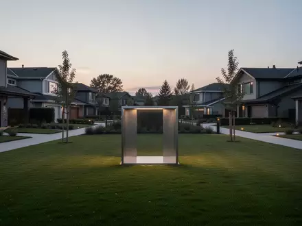 Eine minimalistische, metallische Übergabestation in einem ruhigen Wohngebiet bei Dämmerung. - Foto: über boerse-global.de