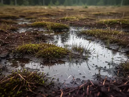Nahaufnahme einer feuchten Moorlandschaft mit dunkler Erde und Moosbewuchs im Fichtelgebirge. - Foto: über boerse-global.de