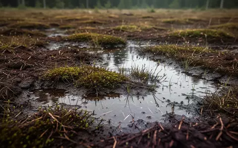 Nahaufnahme einer feuchten Moorlandschaft mit dunkler Erde und Moosbewuchs im Fichtelgebirge. - Foto: über boerse-global.de