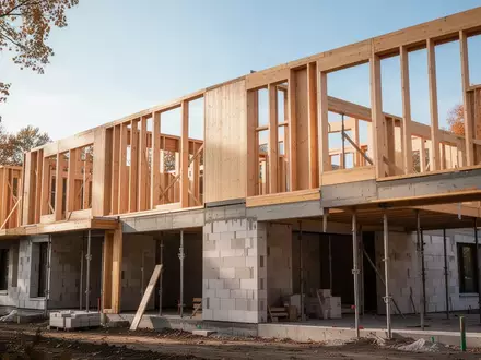 Eine moderne Baustelle mit Holzrahmenbau und Mauerwerk unter freiem Himmel. - Foto: ĂĽber boerse-global.de