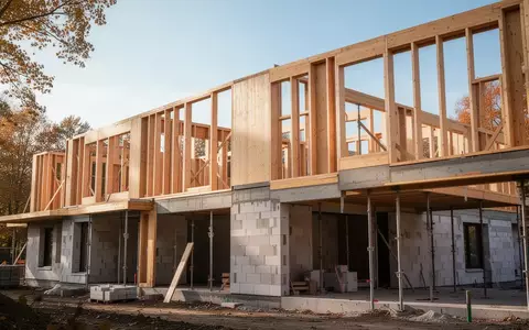 Eine moderne Baustelle mit Holzrahmenbau und Mauerwerk unter freiem Himmel. - Foto: über boerse-global.de