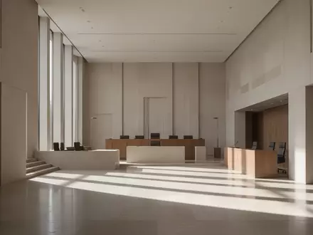 Ein minimalistischer Innenraum eines Gerichtsgebäudes mit klaren Linien und hellem Tageslicht. - Foto: über boerse-global.de