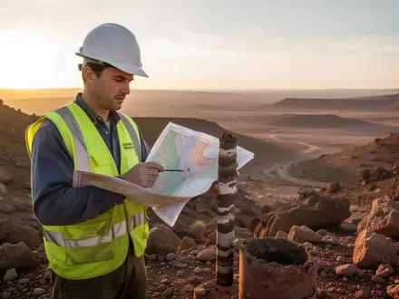 Ein Geologe in Schutzkleidung untersucht eine Gesteinsprobe in einem steinigen Gelände bei Sonnenuntergang. - Foto: über boerse-global.de