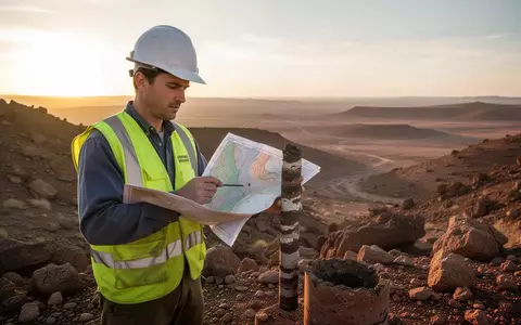 Ein Geologe in Schutzkleidung untersucht eine Gesteinsprobe in einem steinigen Gelände bei Sonnenuntergang. - Foto: über boerse-global.de