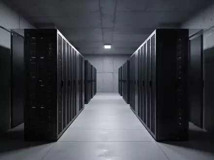 Moderne, minimalistische Serverraum-Architektur mit dunklen Metall-Serverracks in einem industriellen Flur. - Foto: über boerse-global.de