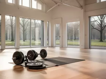 Ein heller, minimalistischer Fitnessraum mit Holzboden, Hantelscheiben und einer Yogamatte in einer ruhigen, sonnendurchfluteten Umgebung. - Foto: über boerse-global.de