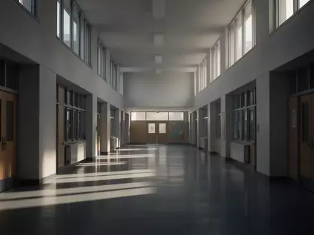Ein leerer, modern gestalteter Schulflur mit minimalistischer Architektur und einfallendem Tageslicht. - Foto: über boerse-global.de