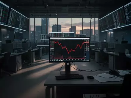 Ein verlassener Börsensaal in gedimmtem Licht mit fallenden Kurstrends auf einem Monitor. - Foto: über boerse-global.de