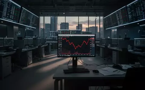 Ein verlassener Börsensaal in gedimmtem Licht mit fallenden Kurstrends auf einem Monitor. - Foto: über boerse-global.de