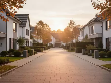 Eine ruhige Wohnstraße mit Einfamilienhäusern in Nordrhein-Westfalen bei Sonnenuntergang. - Foto: über boerse-global.de
