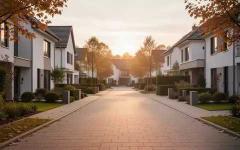 Eine ruhige Wohnstraße mit Einfamilienhäusern in Nordrhein-Westfalen bei Sonnenuntergang. - Foto: über boerse-global.de