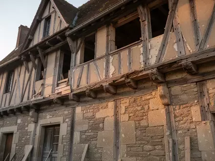 Fassade eines denkmalgeschützten Gebäudes während einer Sanierung mit sichtbarem Mauerwerk und historischer Bausubstanz. - Foto: über boerse-global.de